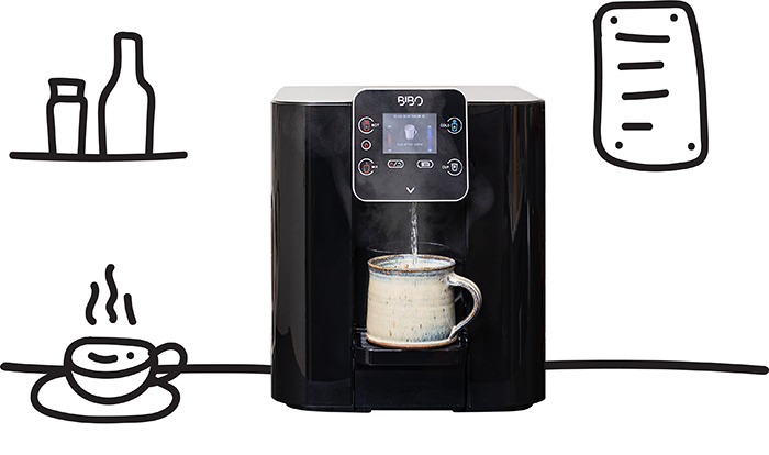 Black BIBO hot and cold filtered water dispenser in use